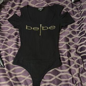 Bebe Black Bodysuit with Gold Zipper Detail and cut out shoulders